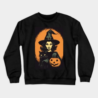 Vintage Retro Halloween Witch with Black Cat and Jack-O-Lantern Crewneck Sweatshirt